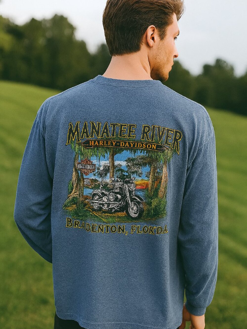 VTG Harley Davidson Manatee River FL Long Sleeve Moto Tee L USA Eco Cotton